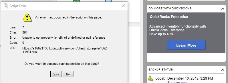 Java script error quickbooks